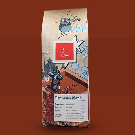 Espresso Blend coffee bag from Try Just Coffee with illustrated packaging on a brown background
