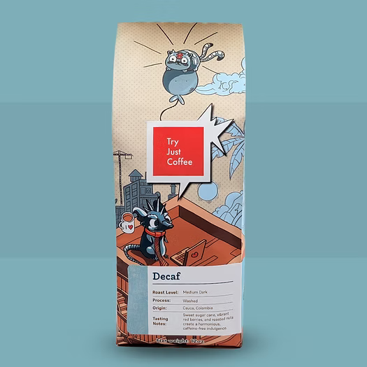 Decaf coffee bag from Try Just Coffee with illustrated packaging on blue background